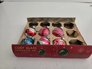 6 Vintage Coby Christmas Ornaments 2" Shiny Striped In Coby Box - Picture 1 of 19