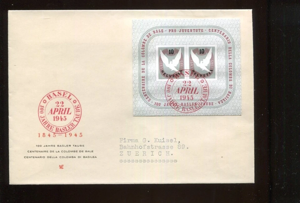 Suiza 1945 Hoja de recuerdo en cubierta Zum W23 Scott B144 Cat 180 Foto 1 de 1