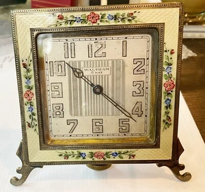 Reloj Waltham vintage de 8 días esmaltado en plata, flores - Imagen 1 de 8