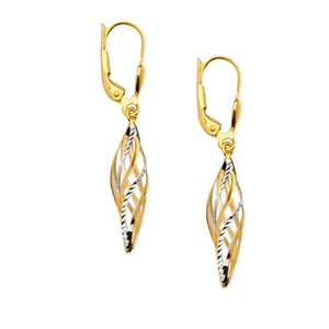14K Two Tone Gold Hollow Hanging Earrings for Women/Height 25 MM x Width 5 MM - Picture 1 of 4