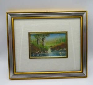 Original KUNST Italienisches Miniatur Ölgemälde Wasserszene am Flussrand Bäume - Bild 1 von 11