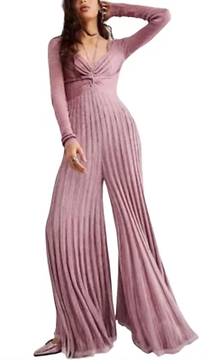 NEW FREE PEOPLE PINK LADY LUCK RIBBED WIDE LEG ONE PIECE JUMPSUIT SIZE LARGE L - Image 1 of 4