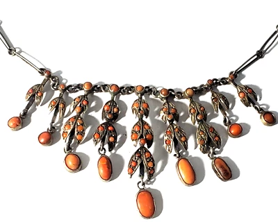 Antique Victorian Silver & Sardinian Coral Collar 9 Drop Pendant Necklace Lot - Image 1 of 4
