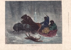 1873 Horse Sled Chased by Wolves 11x16 HAND COLORED ENGRAVING PRINT Read P164 - Picture 1 of 2