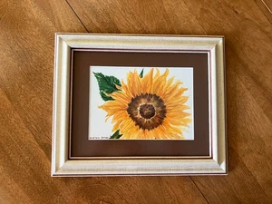 Original neues 5x7 Aquarell Gemälde mattiert im Vintage 70er-80er Rahmen; Sonnenblume - Bild 1 von 16
