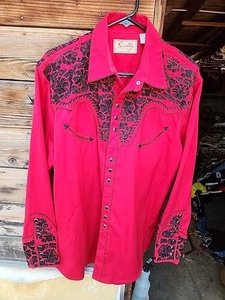 SCULLY MEN'S WESTERN RED PEARL SNAP EMBROIDERED SHIRT..MEDIUM - Picture 1 of 4