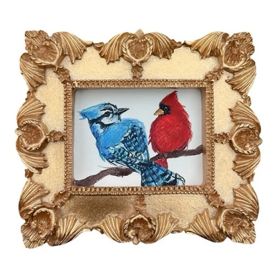 Blue Jay & Cardinal watercolor mini print in gold vintage style ornate frame - Image 1 of 4