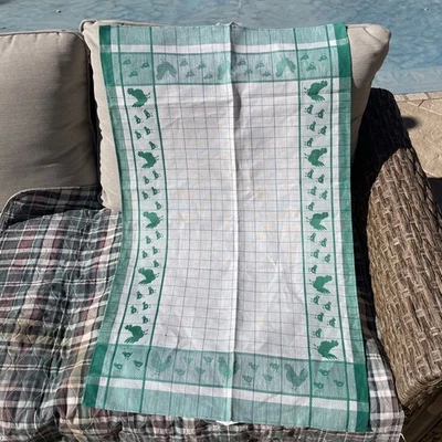 Green Plaid Linen Tea Towel 31x 19” With Hen And Chicks  - Image 1 of 4