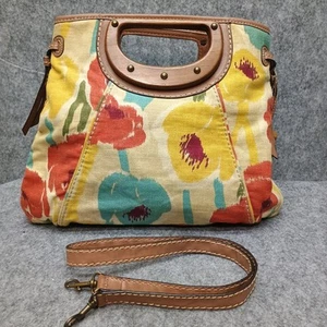 Fossil Canvas Floral Wood Handle Purse Crossbody Tan Teal Yellow Orange Key - Picture 1 of 24