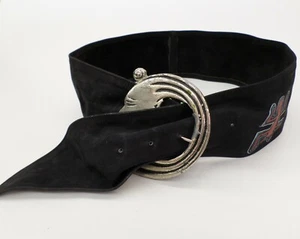 Tribal Symbol Leather Belt 32 34 Woman Face Buckle Tattoo Waist Black Vtg - Picture 1 of 12