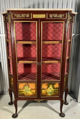 Antique French Early 20c Louis XVI Style Curio Cabinet W/Marble Top Cover