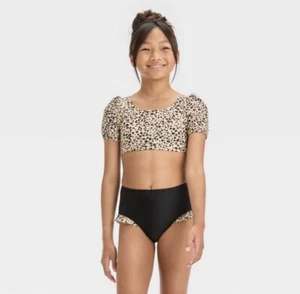 Cat & Jack 2-piece Bikini Swimsuit size XS 4/5 - Leopard Spots/Beige/Black - NEW - Picture 1 of 5