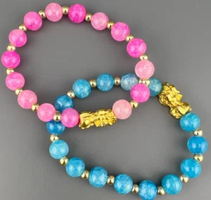 Pixiu Feng Shui Bracelets Pink Blue Gold tone spacer beads Stretch Glass Bead - Picture 1 of 6