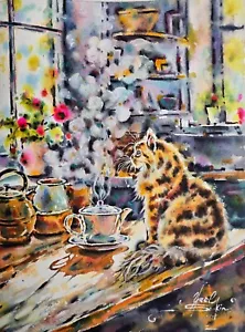 ORIGINAL Aquarell Gemälde Ingwer flauschige KATZE Kunst Gemütliche Küche Kunst 15" mal 11" - Bild 1 von 7