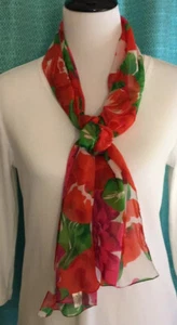 Accessory Street Floral Rectangular Sheer Scarf White Reds Pinks Greens Poly - Picture 1 of 8