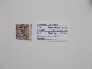 QV 1870 6d Mauve SG 109 Platte 8 ohne Bindestrich fein gebraucht Flügelrand Katze £90 - Bild 1 von 1