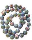 Chinese Paint Ceramic bead Floral Blue Pink Gold Tone Clasp necklace Vintage 24"