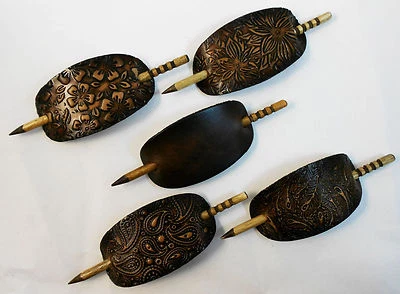 2 Large Hand Crafted Leather Stick Hair Barrette, Ponytail, Oval Many Designs - Image 1 of 4