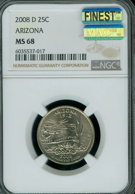 2008 D ARIZONA QUARTER NGC MS68 PQ MAC FINEST BUSINESS STRIKE SPOTLESS POP 7  * - Image 1 of 4