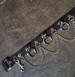 Black Leather Bondage Belt, Sid Vicious 5 Ring with Chain from Ape Leather - Picture 1 of 6