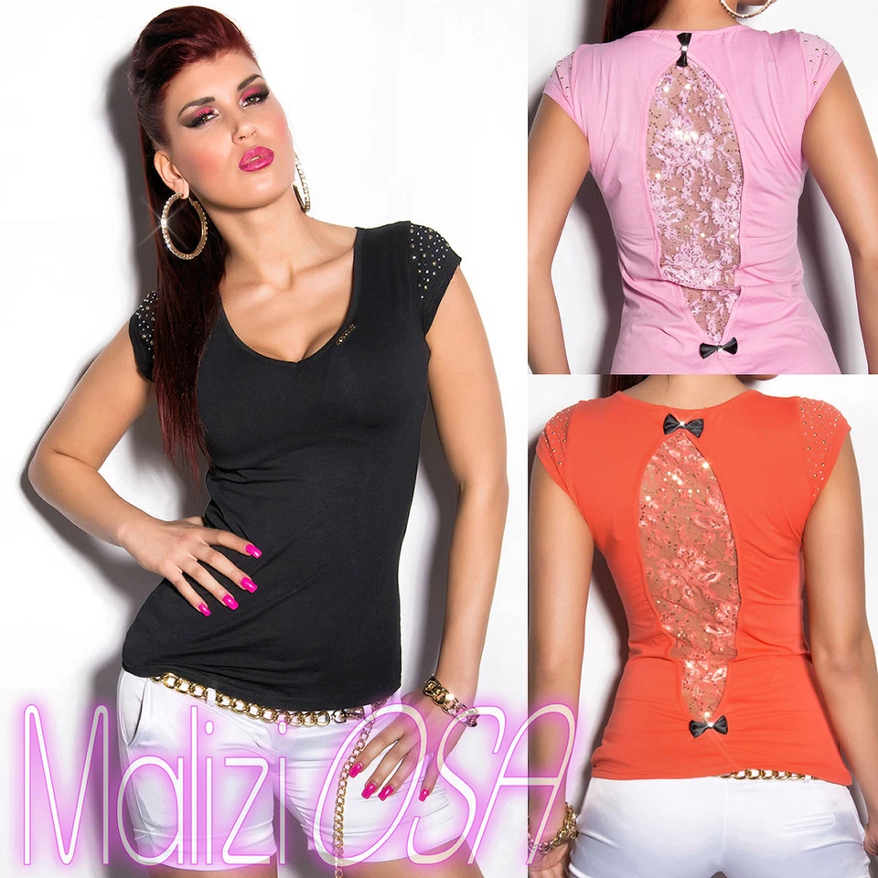 Women's Sweater Top Sexy Lace Rhinestone T-Shirt Blouse T-Shirt Summer Fashion - Image 1 of 1