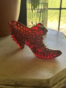 VTG Fenton Red Glass Shoe With Cat Head Hobnail Pattern Vintage 6" Length NICE!! - Picture 1 of 9