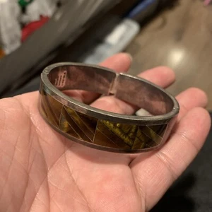 Vintage Mexico Taxco Sterling Silver 950 Tiger’s Eye Oval Bangle Bracelet - Picture 1 of 24