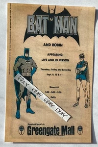 1974 GREENSBURG PA. GREENGATE MALL BATMAN & ROBIN LIVE IN PERSON ANNUNCIO NUOVA CARTOLINA - Foto 1 di 1
