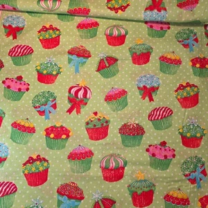 2 yards 22" x 44" Christmas Crystalline Cupcakes Green w/Glitter Cotton Fabric - Picture 1 of 12