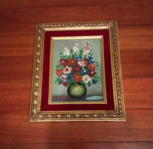 Original Oil Painting Floral Impressism Gold Framed Red Velvet Vintage 1970s - Picture 1 of 5