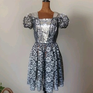 Vintage 80s Prom Dress Black Silver Metallic Lace Puff Sleeve Unlined - Picture 1 of 8
