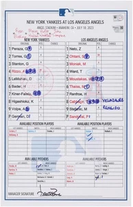 New York Yankees Game-Used Lineup Card vs. Los Angeles Angels on July 18, 2023 - Picture 1 of 1