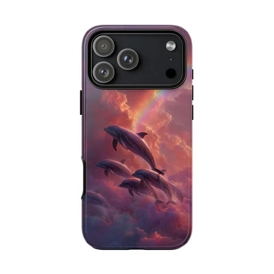 For iPhone, Samsung Galaxy, Pixel | Phone-Ink Case [Rainbow Dolphins Clouds] - Image 1 of 4