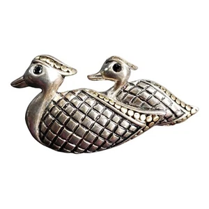 Vintage Brooch Ducks Pin Gold\Silver Tone Accent and Black Rhinestone Eyes - Picture 1 of 6