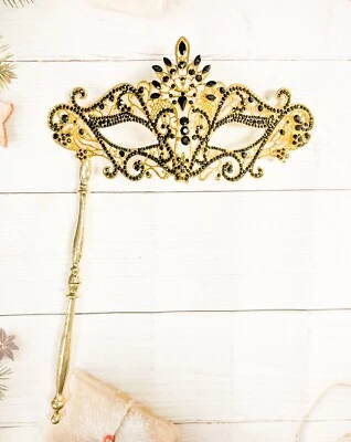 Black Crystal Masquerade Mask with Stick, Gold Masquerade Mask, Prom Party Mask - Image 1 of 4