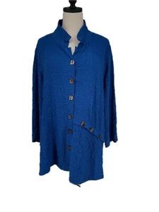 Ali Miles Blue Crinkle Fabric Asymmetric Artsy Buttons Tunic Top L Boho - Picture 1 of 10