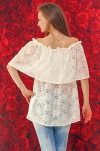 Perfina bianco top off spalla pizzo floreale top elegante camicetta estiva collo - Foto 1 di 6