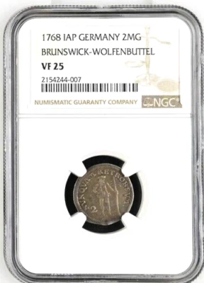 1768 IAP German States Brunswick Wolfenbuttel Wildman 2 Mariengroschen NGC VF 25 - Image 1 of 2