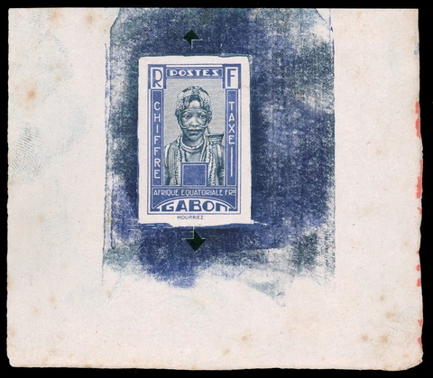 GABON 1930 CHIEF'S AIDE (NATIVE) NON-DENOMINATED TYPOGRAPHIC DIE ESSAY IN BLUE A Cover