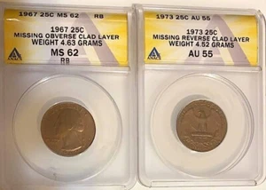 Missing Clad Layer ERROR Quarters, 1967 ANACS MS62RB Obv & 1973 ANACS AU55 Rev - Picture 1 of 4