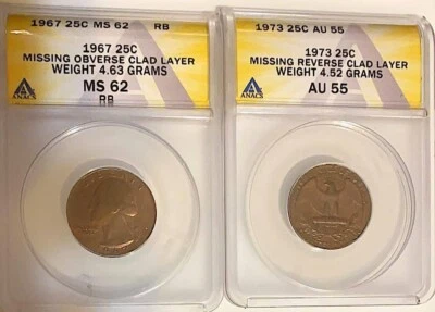 Missing Clad Layer ERROR Quarters, 1967 ANACS MS62RB Obv & 1973 ANACS AU55 Rev - Image 1 of 4