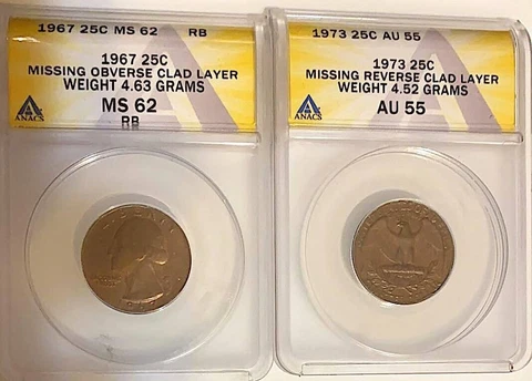 Missing Clad Layer ERROR Quarters, 1967 ANACS MS62RB Obv & 1973 ANACS AU55 Rev Cover