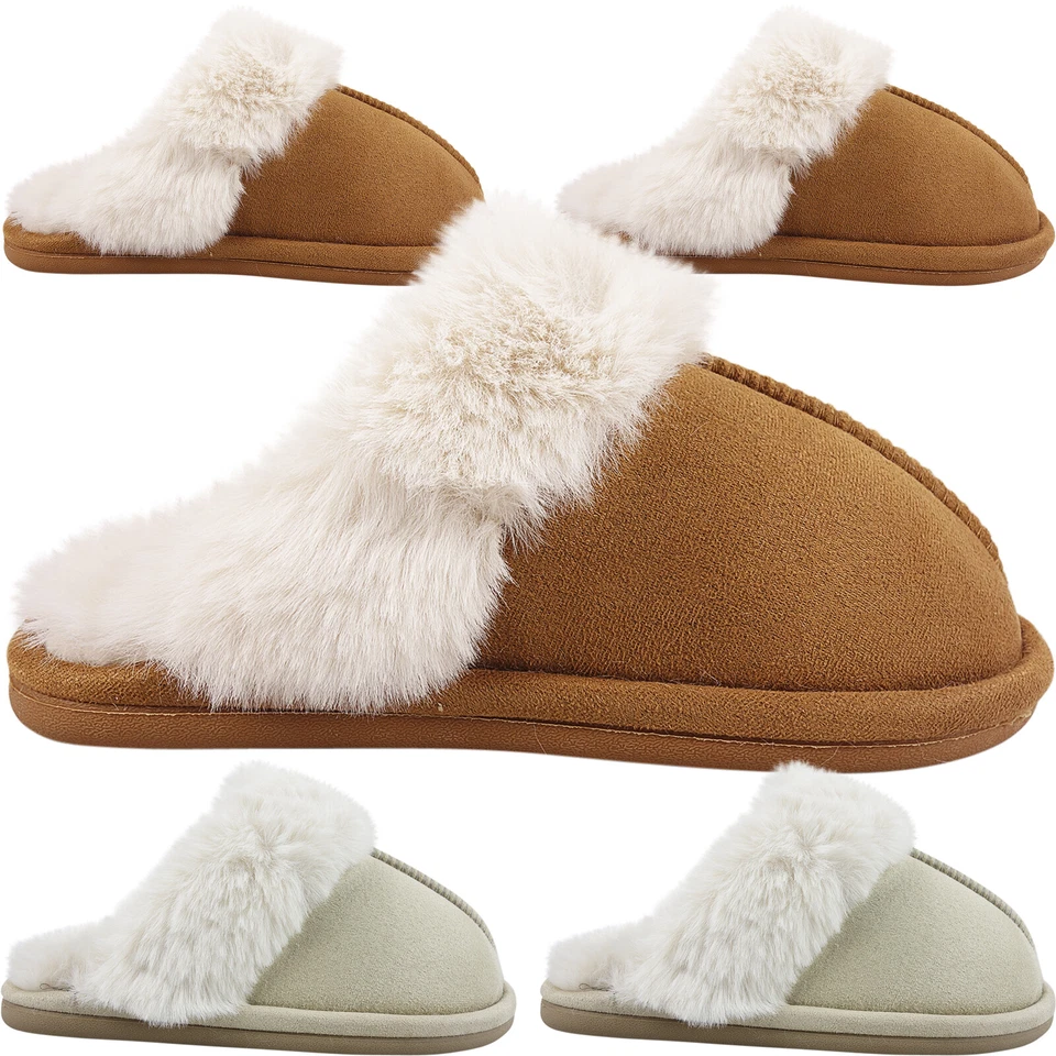 COLIN45FASHION CONNECTIONS Comfy Cosy New Womens Ladies Slip On Mule Slippers Faux Fur Lined Shoes Size 4/8