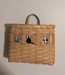 VTG Cat Handwoven Hanging Flower Storage Hand Painted Basket Country  Signed  - Picture 1 of 20