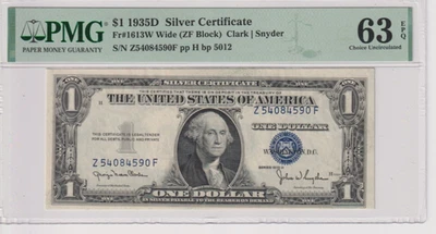 **BELOW COST** Fr 1613W 1935D $1 SC Z54084590F PMG 63EPQ CU 1935-D WIDE VARIETY - Image 1 of 2