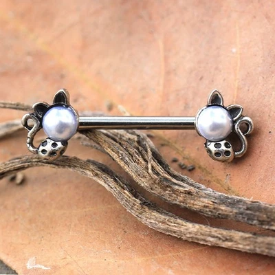 PAR de barra de pezón de gato con manchas de perlas de acero inoxidable 316L Foto 1 de 3