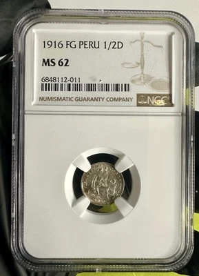 1916 Peru 1/2 Dinero Silver Coin NGC MS62 – Low Mintage, High Grade - Image 1 of 2