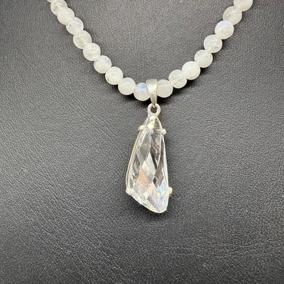 White Faceted Beaded with Swarovski Clear Crystal Teardrop Pendant Necklace - Image 1 of 4