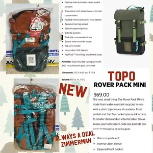Topo Designs Rover Pack Mini Hiking Backpack in Clay Botanical Green LAPTOP COMP - Picture 1 of 12