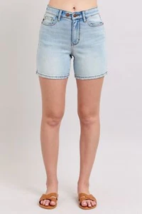 Judy Blue High Rise Waist Two Button Detail Stretch Light Washed Denim Shorts - Picture 1 of 16